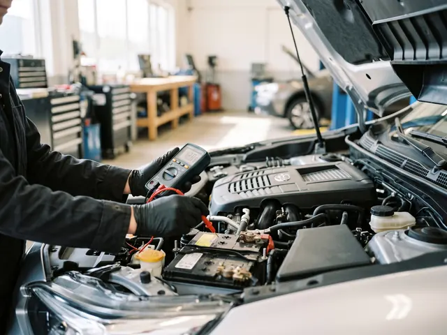 Car battery being tested with a multimeter