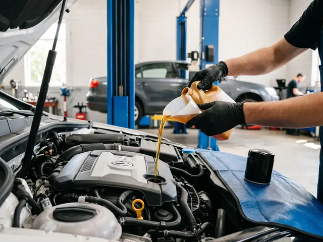 Fresh engine oil being poured during a service