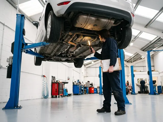 Mechanic inspecting the underside of a car on the hoist
